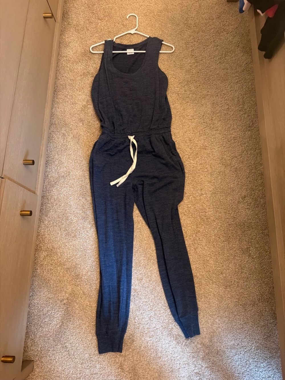 Amazon Navy Sleeveless Drawstring Knit Jumpsuit